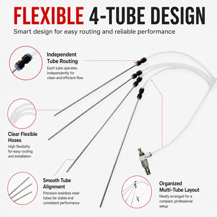 Flexible four-tube design kit with independent routing hoses and multi-tube layout