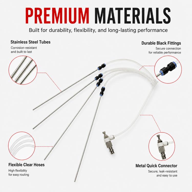 Four-tube cleaning kit with stainless tubes, clear hoses, and durable black fittings