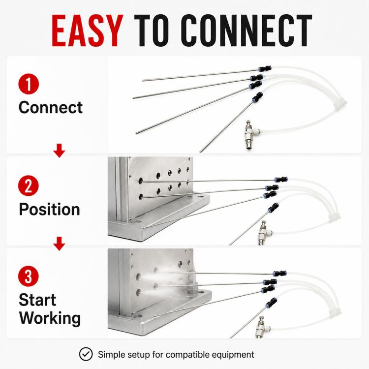 Engine cleaning tool kit showing connect, position, and start workflow with hoses