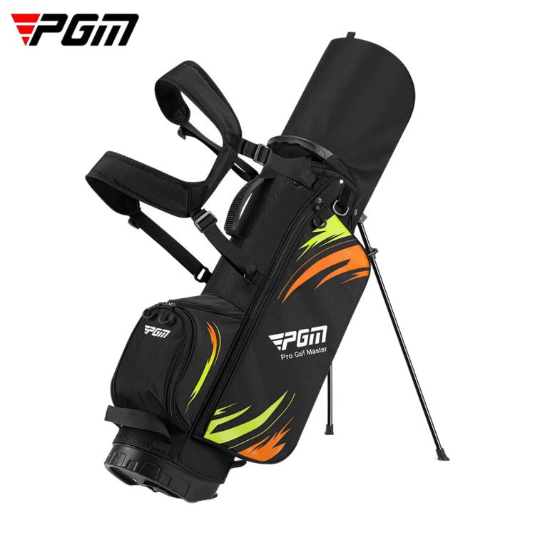 Youth golf club carry bag, black with green accents, front view with padded dual shoulder straps.