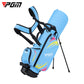 Youth golf club carry bag, light blue with multicolor accents, dual shoulder straps and stand.