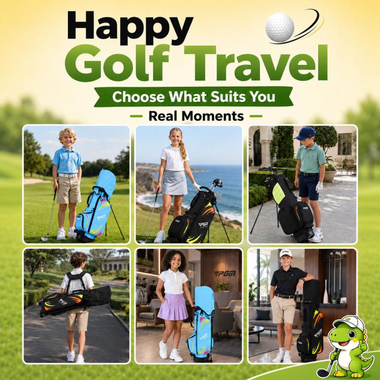 Kids golf stand bag, light blue with multicolor accents and black base, dual shoulder carry.