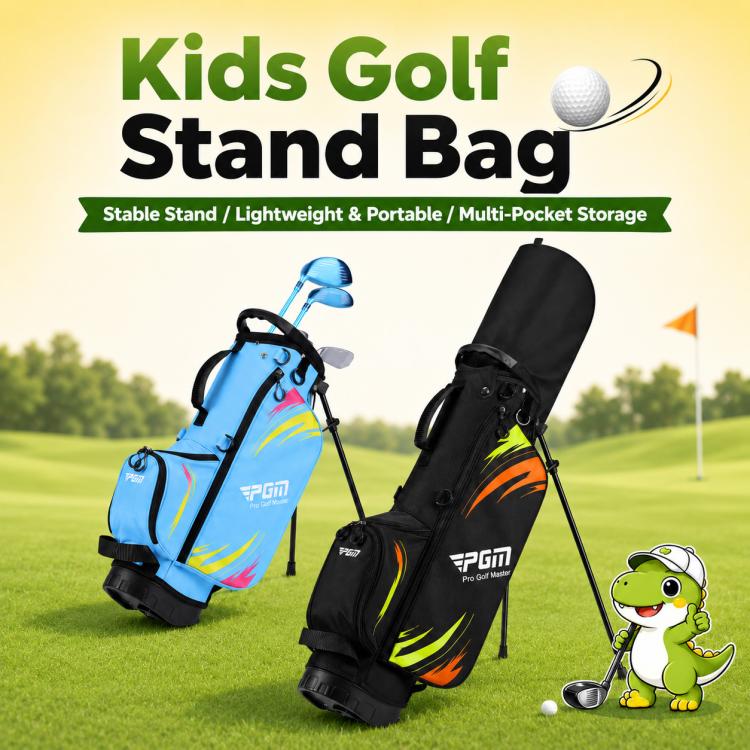 Kids golf stand bag, black with green and orange accents, stable stand legs and padded base.