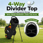 Youth golf stand bag top, black with orange and green graphic, four-way divider opening.