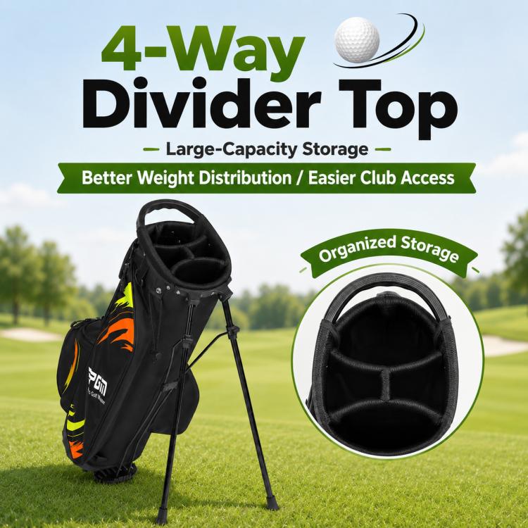 Youth golf stand bag top, black with orange and green graphic, four-way divider opening.