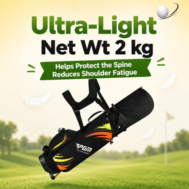 Youth golf club carry bag, black with green and orange accents, dual shoulder straps with stand.
