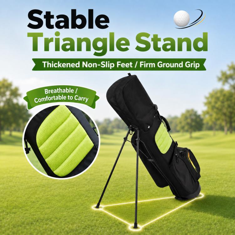 Youth golf stand bag, black with green accents, triangular stand feet with firm ground grip.
