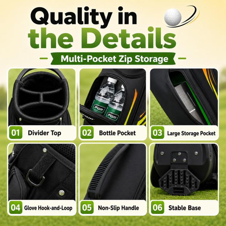 Golf bag storage detail, black with green accents, zip pockets and divider top shown.