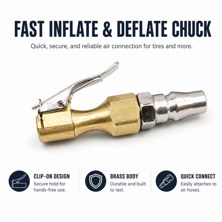 Brass pneumatic tire quick-connect valve with latch-style lever and metal nozzle