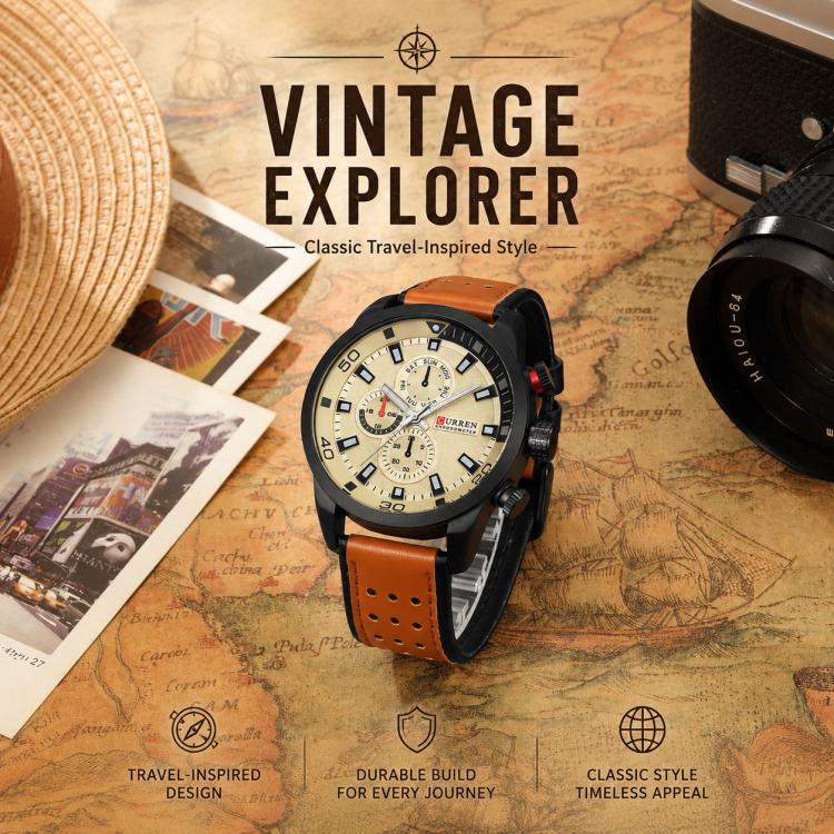 CURREN M8250 Men Quartz Watch with Leather Strap & Analog Display