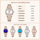 Women’s rose gold quartz watch with white dial and rhinestone bezel, full view