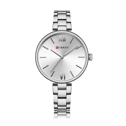 CURREN women's quartz watch with alloy strap, silver case, white dial, Roman numerals