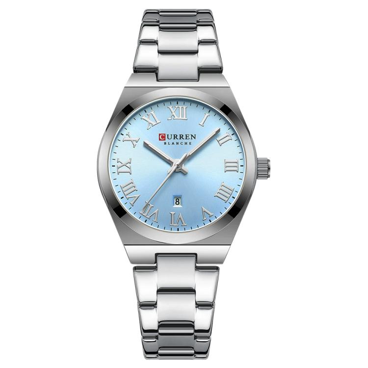 Women’s stainless steel quartz watch with light blue dial and date window, silver tone.