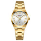 Women’s stainless steel quartz watch with white dial and date window, gold tone.
