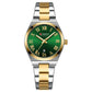 Women’s stainless steel quartz watch with green dial and date window, two-tone metal.