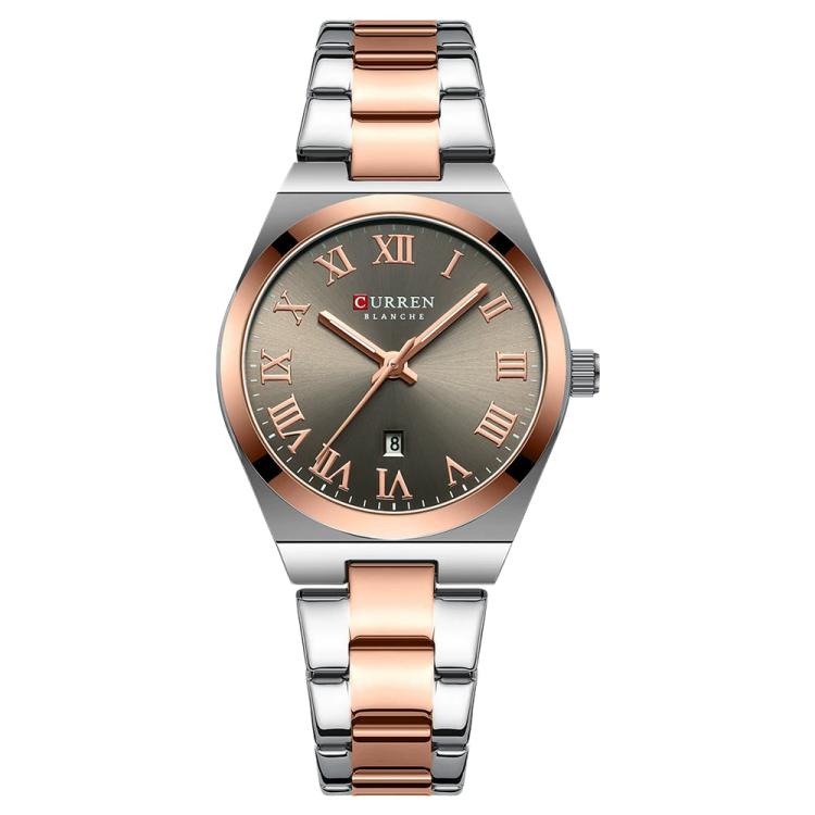Women’s stainless steel quartz watch with rose-accent case and gray dial, date window.