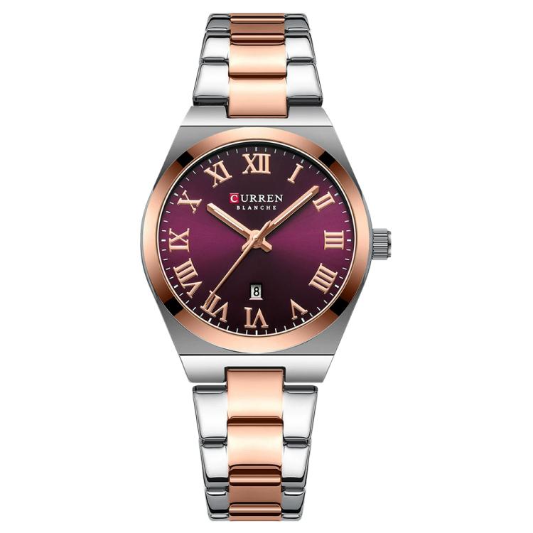 Women’s stainless steel quartz watch with purple dial and date window, rose-accent links.