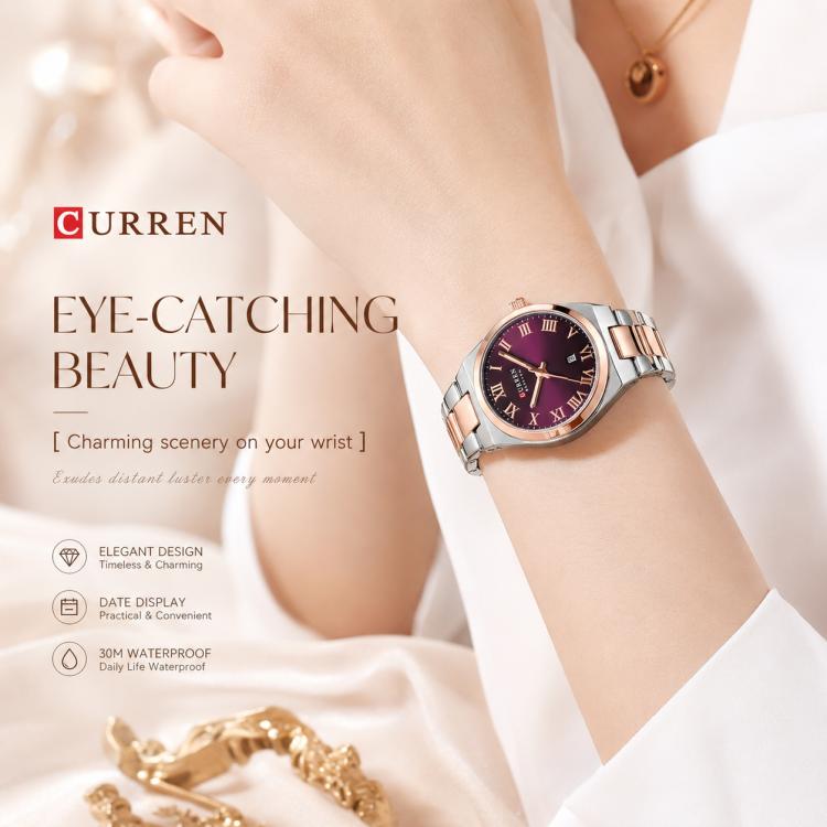 Two-tone women’s quartz watch on wrist, purple dial with roman numerals and date.
