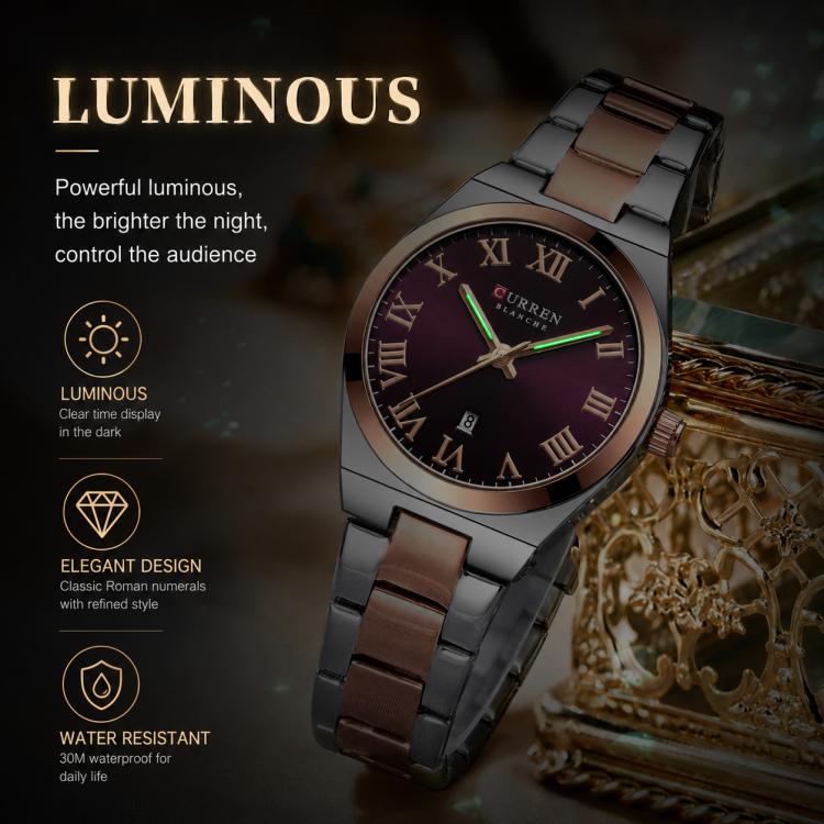 Women’s stainless steel quartz watch, dark brown dial with glowing hands and Roman numerals