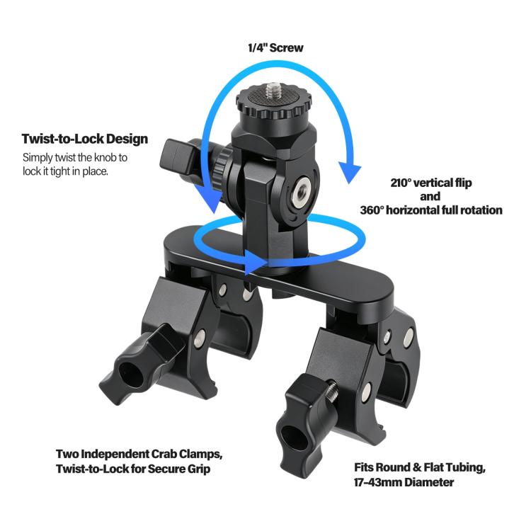 Black pole clamp mount with hinged rotating arm and dual crab clamp grips