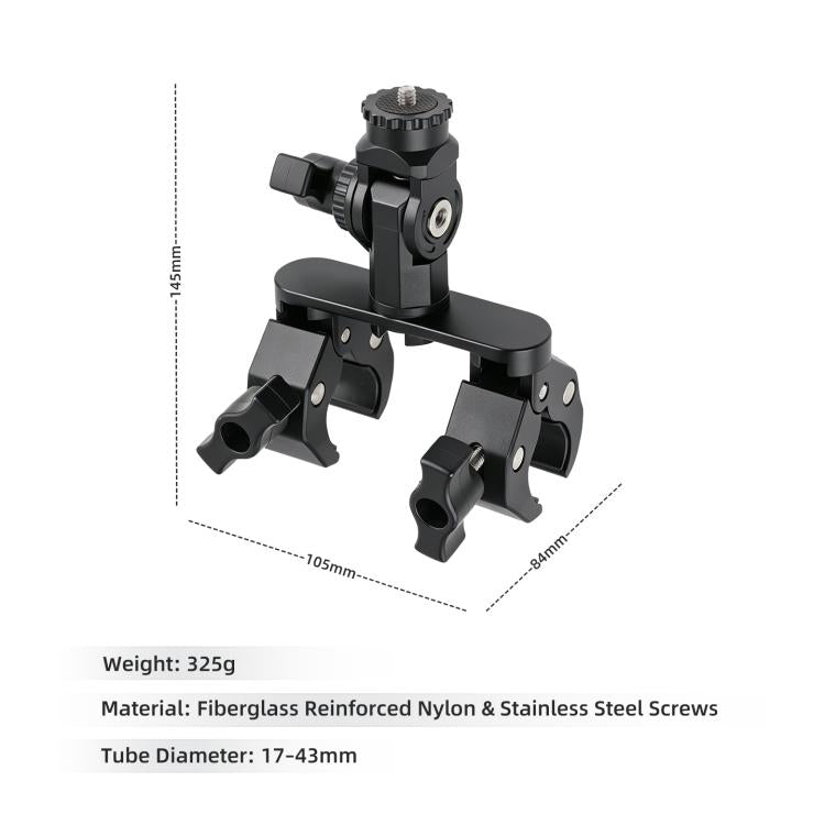 Black pole clamp mount with dual crab clamps and flat bar mounting bracket