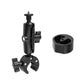 Black pole clamp mount with hinged clamp arms and round pipe adapter sleeve