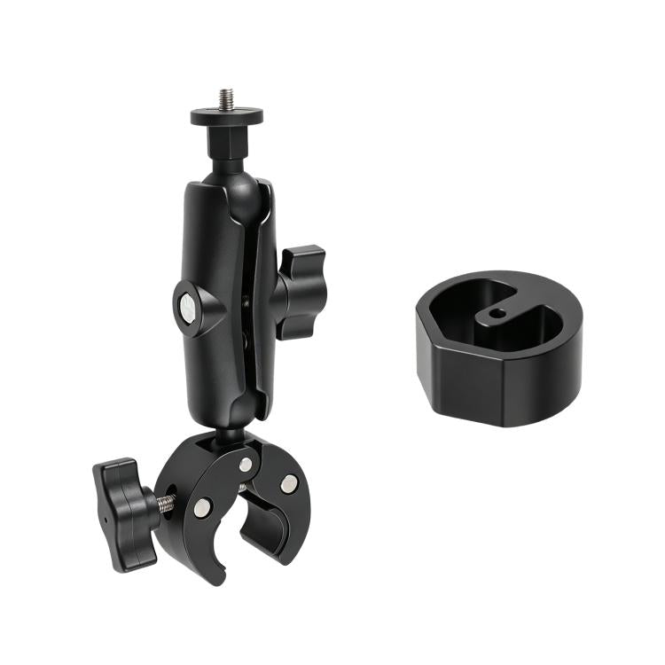 Black pole clamp mount with hinged clamp arms and round pipe adapter sleeve