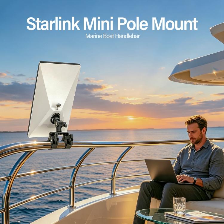 Black pole clamp mount fastened to a boat rail with clamp arms