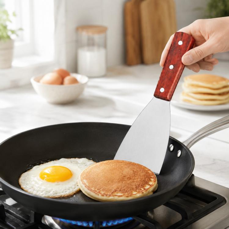 Stainless steel round spatula with wooden handle, flipping breakfast pancakes in a pan