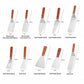 Assorted stainless steel spatulas with wooden handles, shown with angled and slotted heads