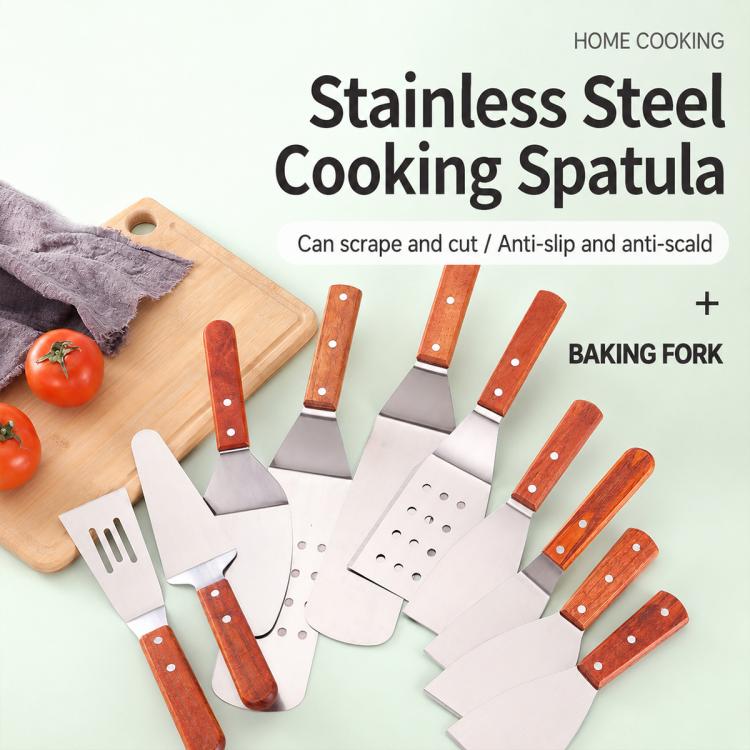 Stainless steel cooking spatula set with wooden handles and flat, angled blades