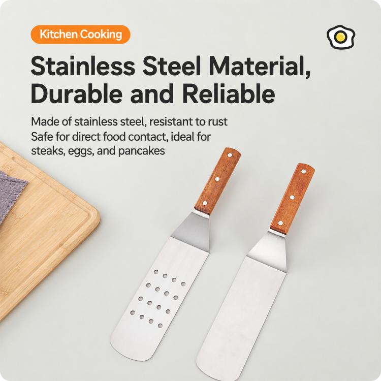 Stainless steel spatulas with wooden handles, featuring perforated and wide flat blades