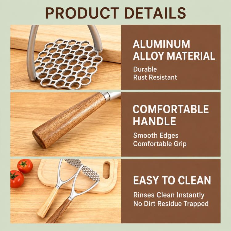 LsCook Potato Masher with Oak Handle Multifunctional Kitchen Tool