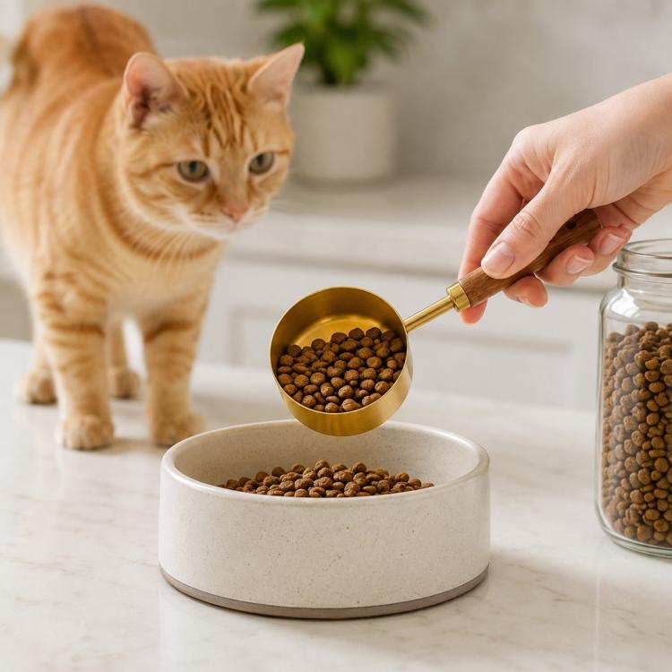 Gold stainless steel pet food measuring scoop with wooden handle, filled with dry kibble