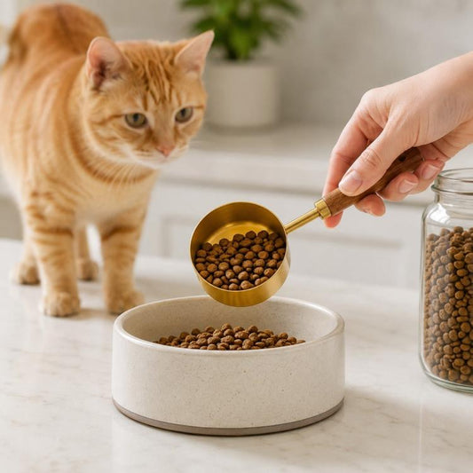 Gold stainless steel pet food measuring scoop with wooden handle, filled with dry kibble