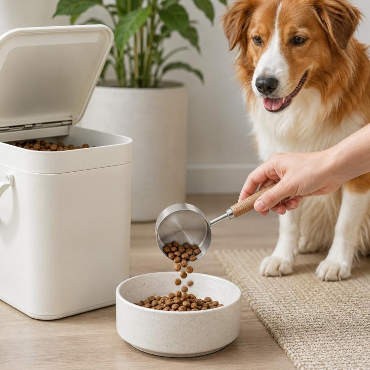 Stainless steel pet food measuring scoop with wooden handle dispensing kibble into bowl