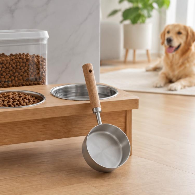 Silver stainless steel pet food measuring scoop with wooden handle on a wooden tray