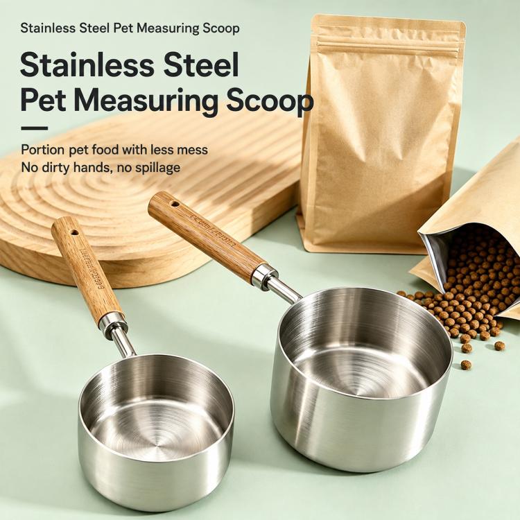 Stainless steel pet measuring scoops with wooden handles on a wooden board and tray