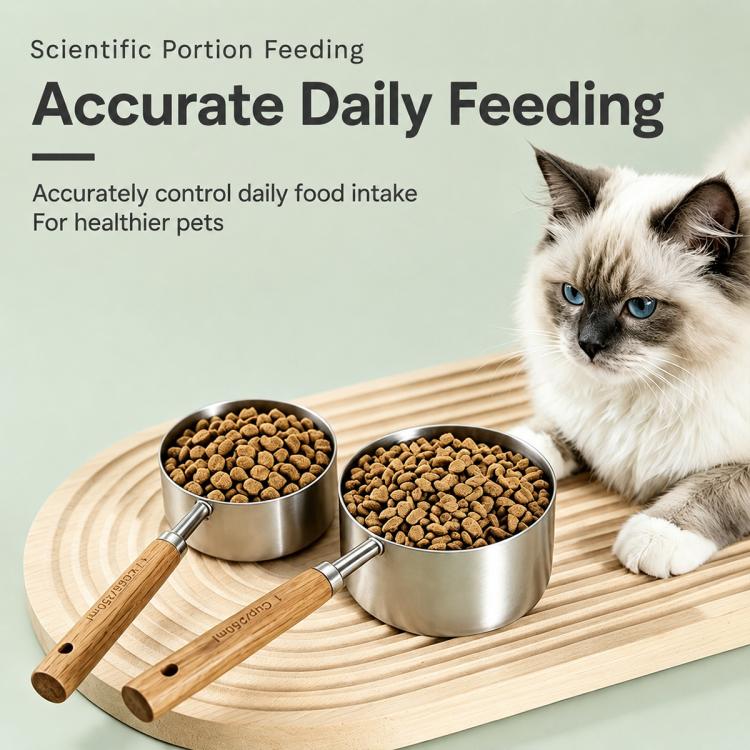 Two stainless steel pet food measuring scoops with wooden handles on a wooden board