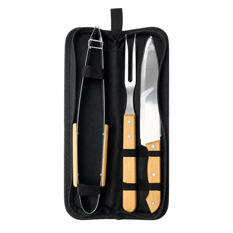 Portable BBQ tool set in black zip carry bag with stainless steel fork, spatula, and tong