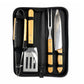 Portable BBQ tool set in black zip carry bag with stainless steel fork, spatula, and grill tools
