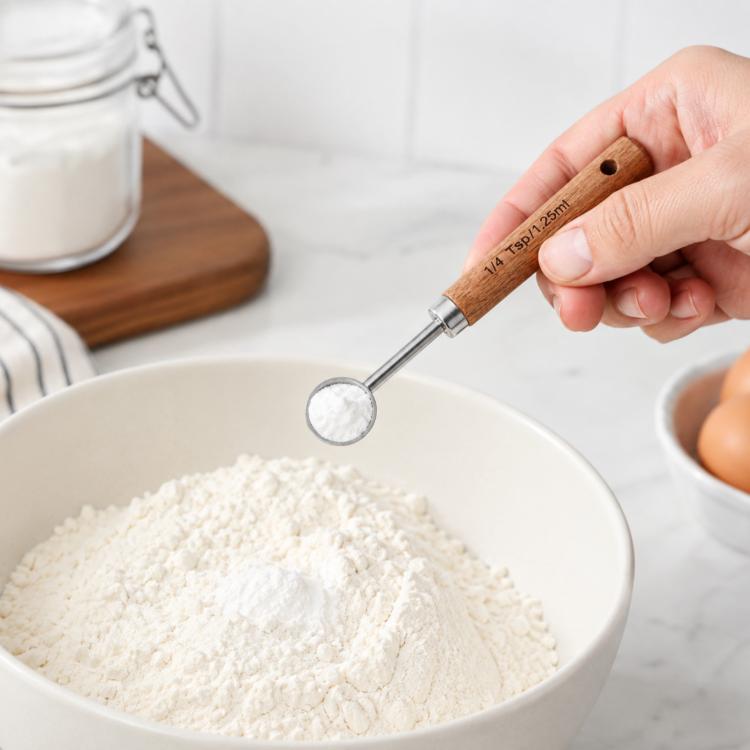 Stainless steel measuring cup spoon with wooden handle, filled with powder for baking measure