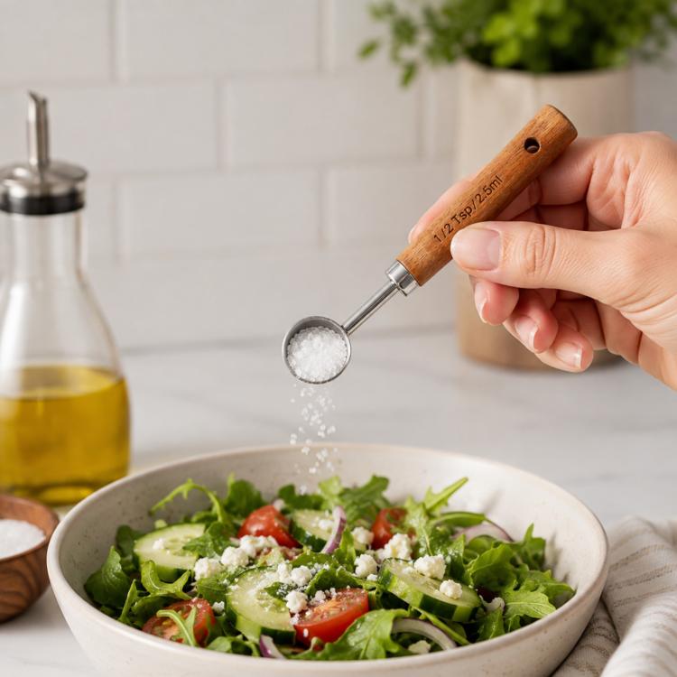 Stainless steel measuring cup spoon with wooden handle scooping sugar for cooking measure