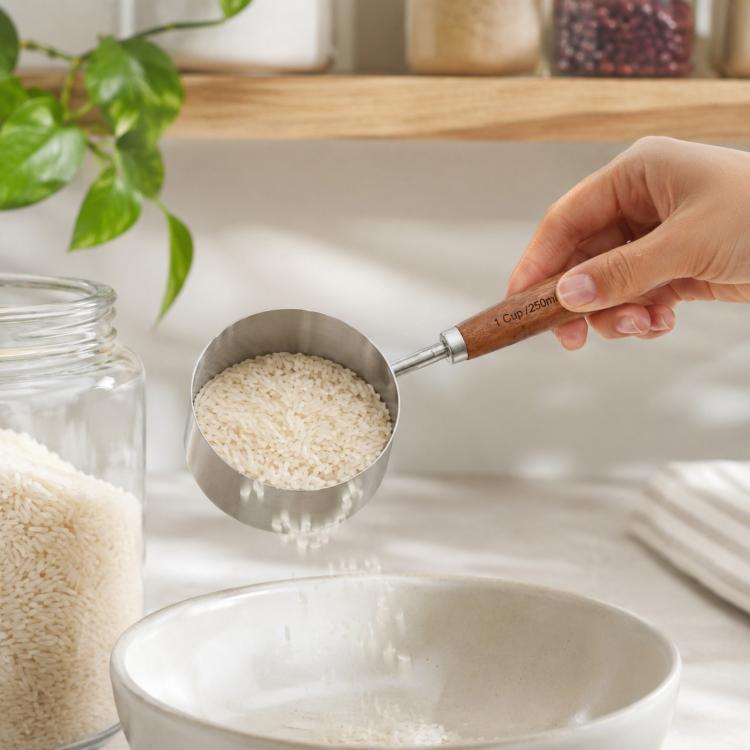 Stainless steel measuring cup spoon with wooden handle pouring grains into a bowl