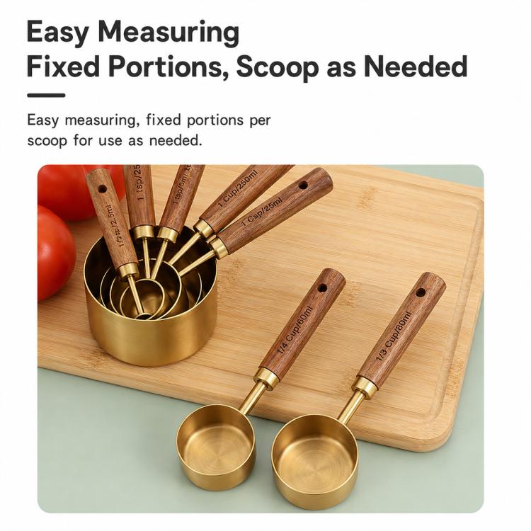 Stainless steel measuring cups and spoons set with fixed portions and wooden handles