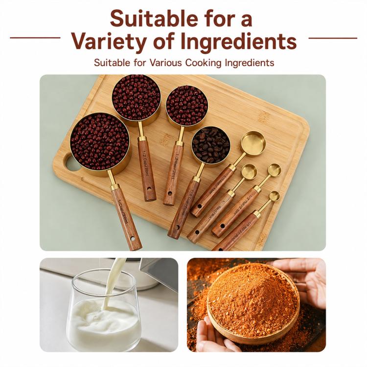 Stainless steel measuring cup and spoon set with wooden handles and gold scoops