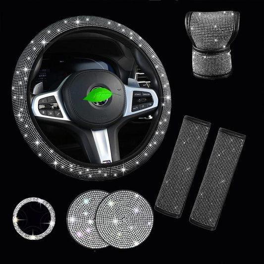 Diamond rhinestone steering wheel cover set, silver with matching accessories