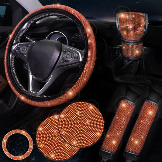 Diamond rhinestone steering wheel cover set, orange with matching seat belt covers
