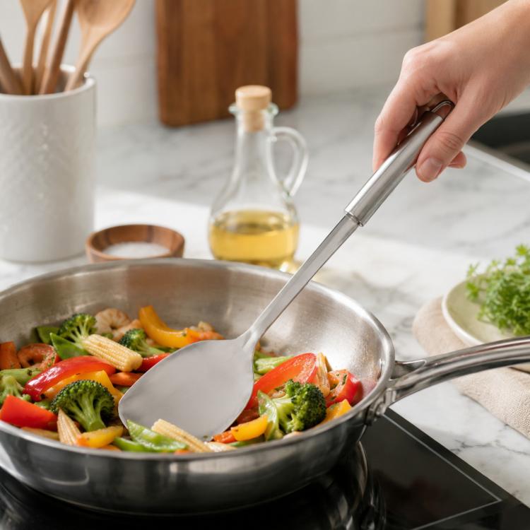 Stainless steel solid spatula turning vegetables in a frying pan