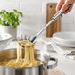 Stainless steel pasta server with fork tines for lifting spaghetti from a pot